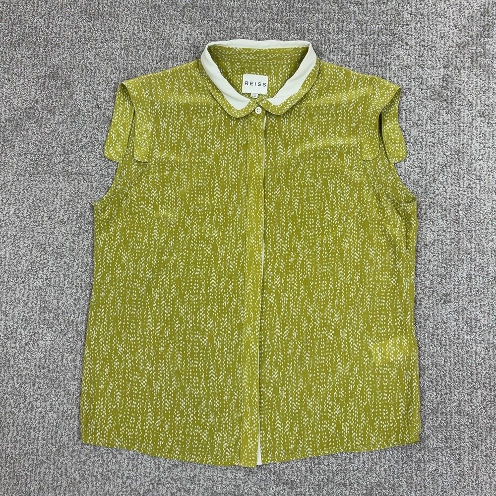 Reiss Top Womens 6 Green Silk Sleeveless Neala Blouse Pockets Office Summer